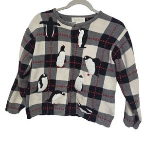 Susan Bristol Plaid‎ Penguin Sweater Womens M Hand Embroidered Cozy Knit Top